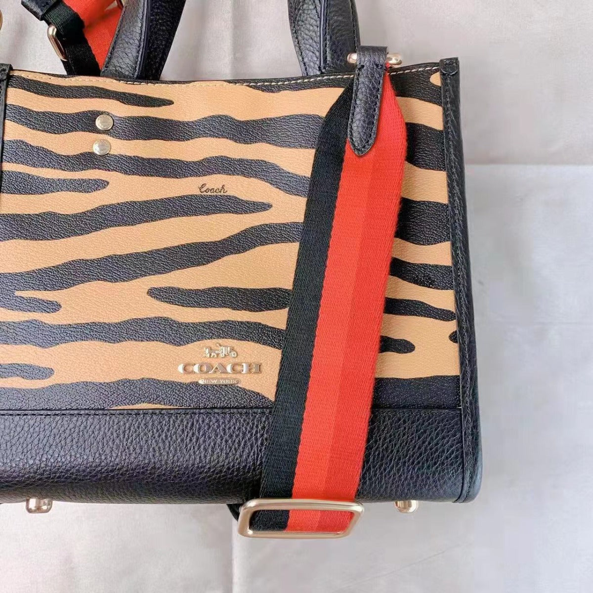 Coach C6988 Dempsey Tote 22 With Tiger Print In Honey/Black Multi Coach C6988 Dempsey Tote 22 With Tiger Print In Honey/Black Multi
